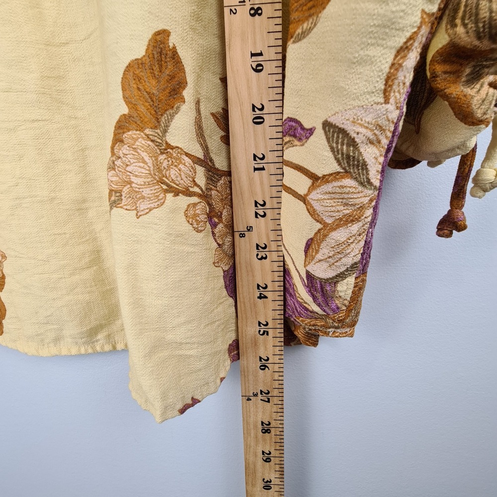 Entro Womens 1X Yellow Floral Boho Blouse Ruched Tie Sleeve Rayon Top Earthy Art - Picture 4 of 11